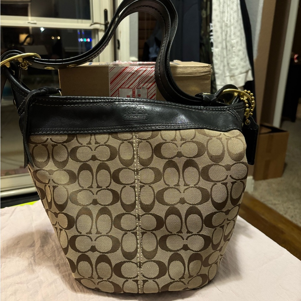 Coach Signature Tan and Black Shoulder Bag